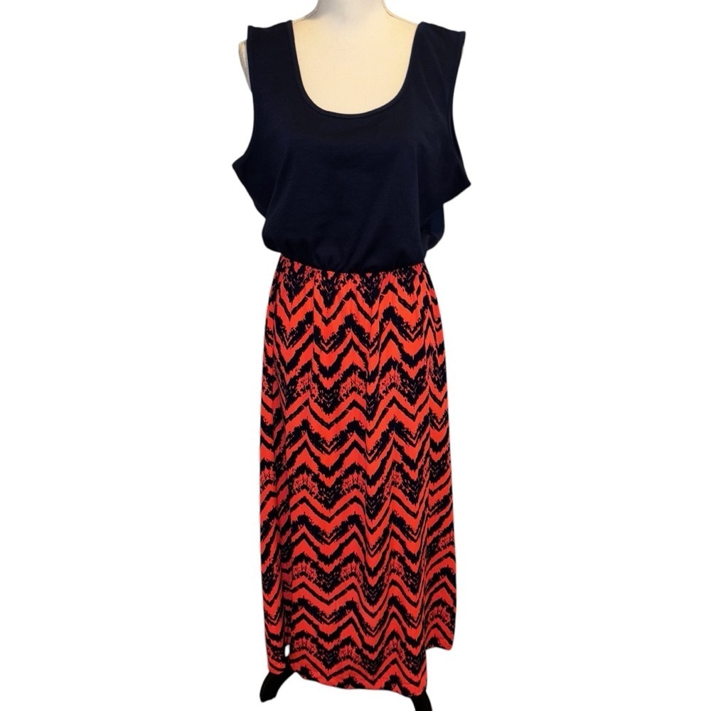 Rue+ Navy Blue and Orange Chevron Maxi Dress, sz 1X